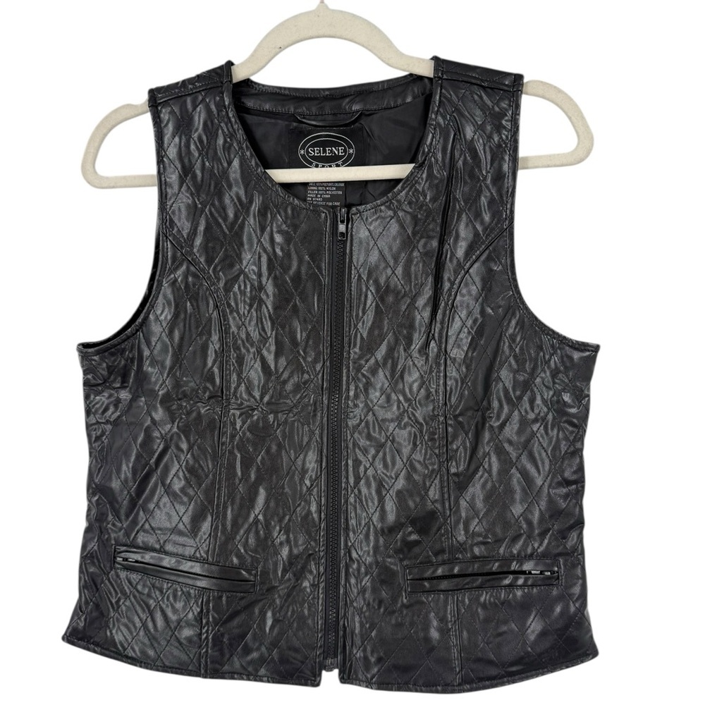 Selene Sport Quilted Faux Leather Vest Moto Chic Zip-Up Black Layer, S